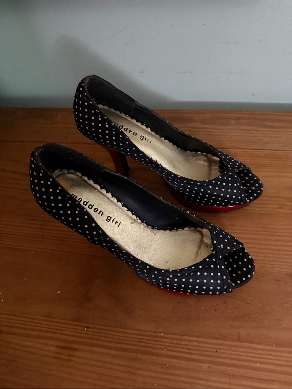 Madden Girl Black Rockabilly Polka Dot Peep-Toe Heels with Red Sole